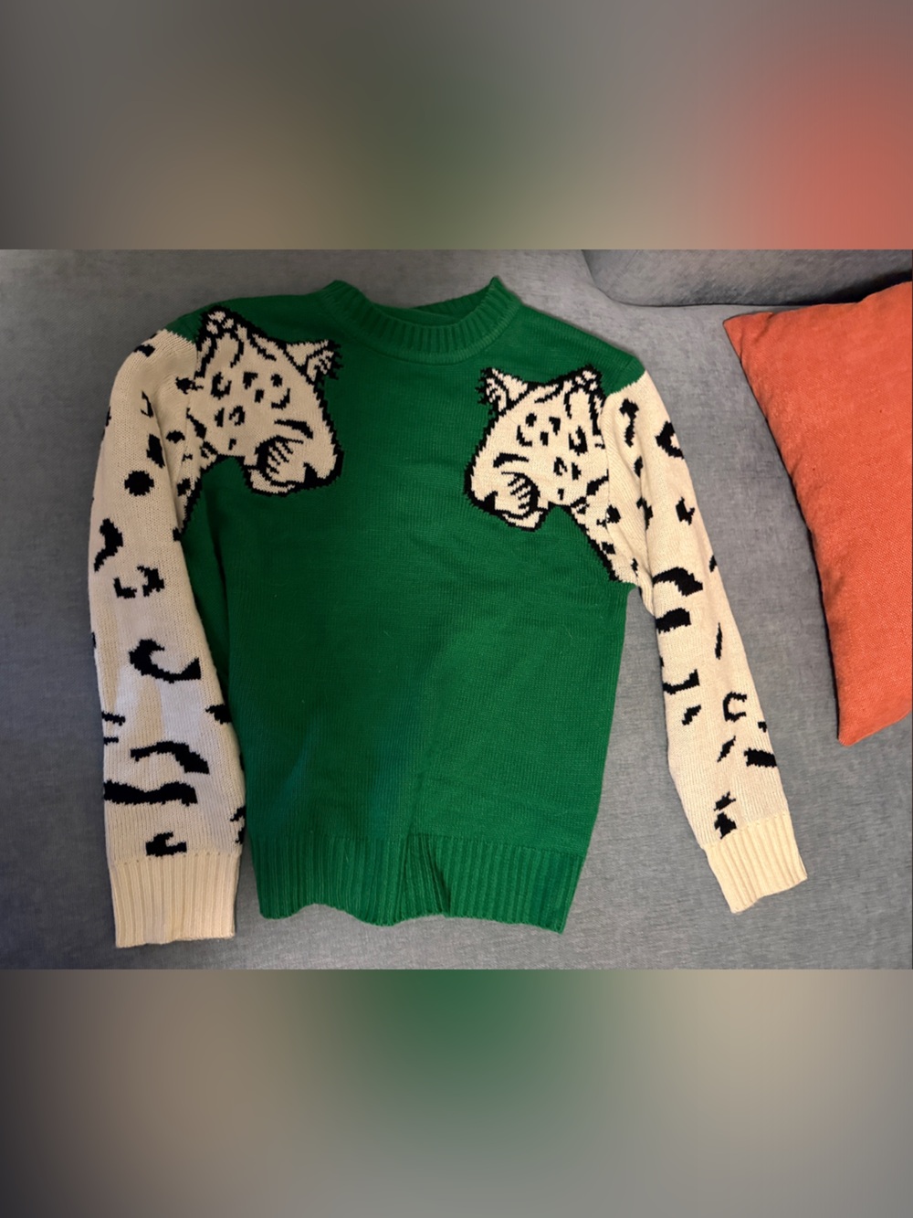 Green Crewneck Sweater with Cream Leopard-Accent Sleeves
